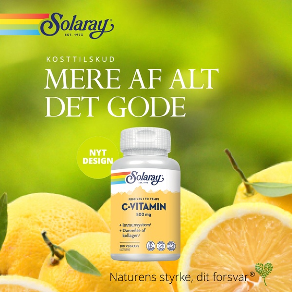 A clean, nature-focused product ad for C-vitamin supplements using organic imagery to reinforce a natural health positioning.
